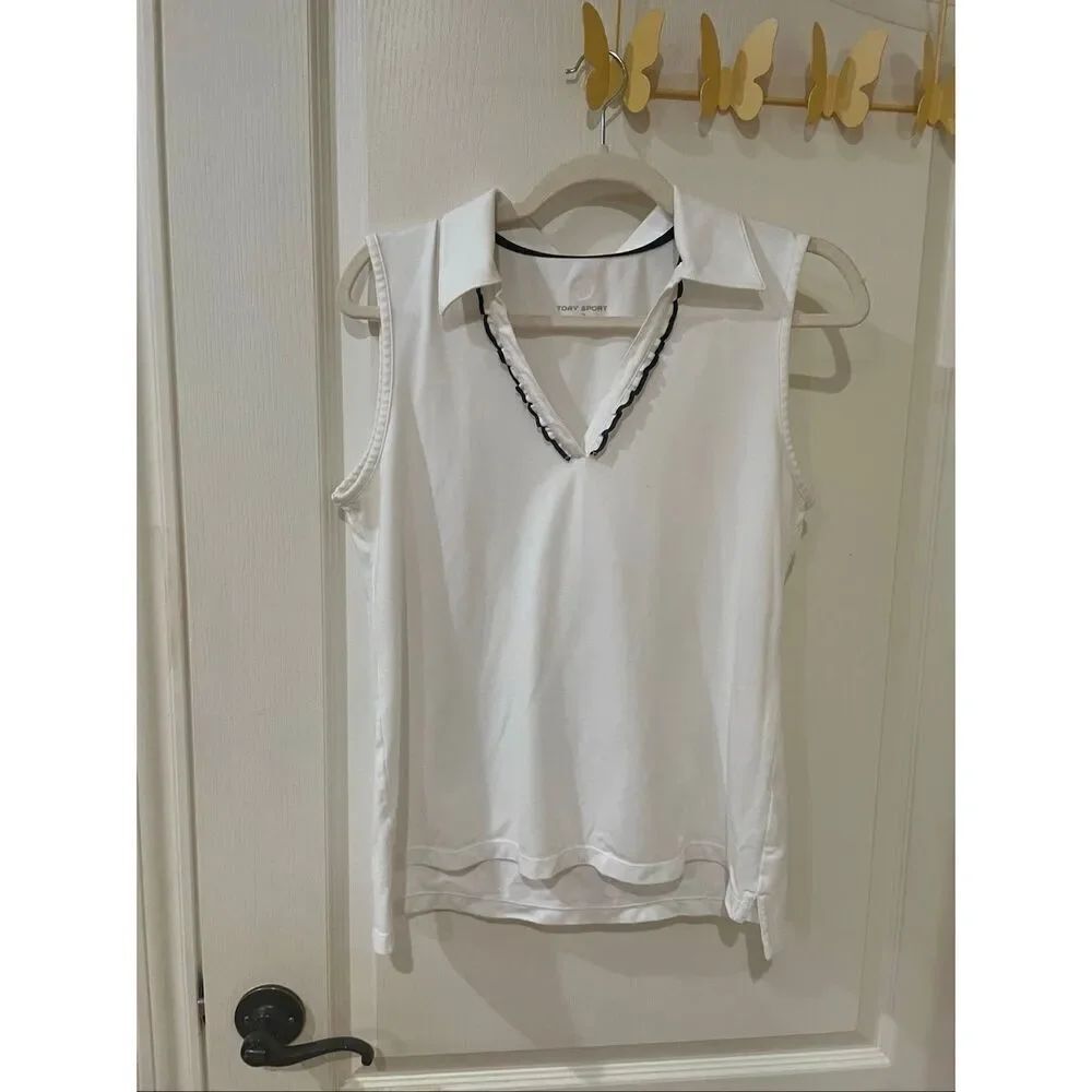 Tory Sport Women’s White Sleeveless Collared Top Black Trim V-Neck Active Chic